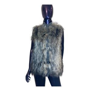 Calvin Klein Faux Fur Vest Gray Knit Back Buckle Front‎ Winter Layering Piece